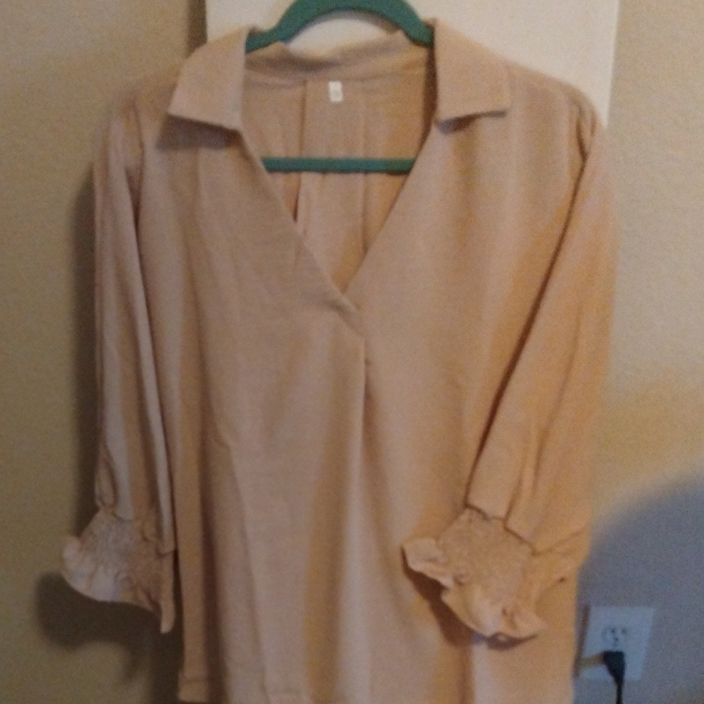 Beige V-Neck Women's Blouse with Ruffle Sleeves